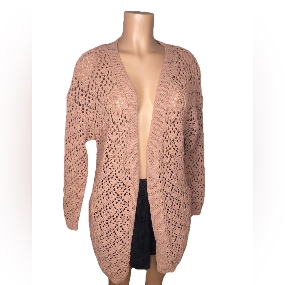 Moon & Madison Cream Crochet Open Knit Cardigan Medium Boho Lagenlook Hippie